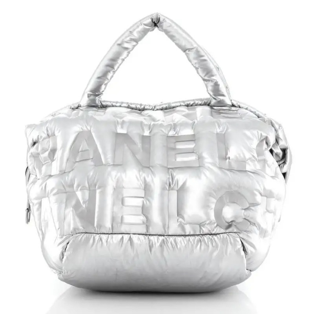 CHANEL *brand new* Large Silver Puffy Nylon Logo Doudoune Tote Metallic Purse